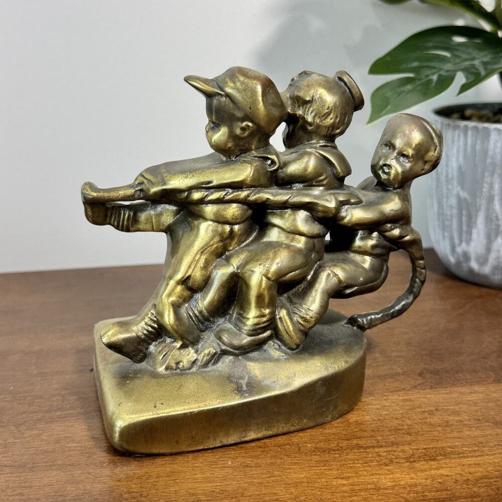 Vintage Brass Bookend Trio of Boys Tug-of-War Home Decor Shelf Display
